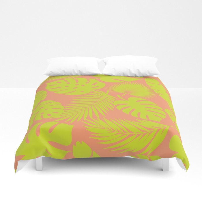 Duvet Cover Or Comforter Tropical Leaves Lime On Coral Twin