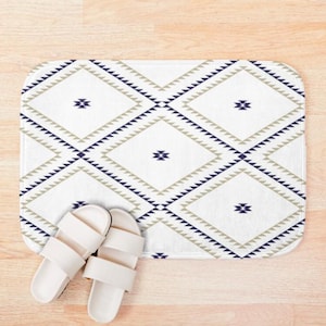 Plush Bath Mat, Southwestern Geometric, White Navy Beige, Desert Cowboy Rug, Western Bathroom Decor, Modern Boho Bathroom Rug