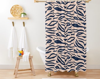 Shower Curtain or Bath Mat - Zebra Stripes Pattern - Navy Blue on Blush Peach Pink - 71"x74" - Bath Curtain Bathroom Decor - Set Bundle