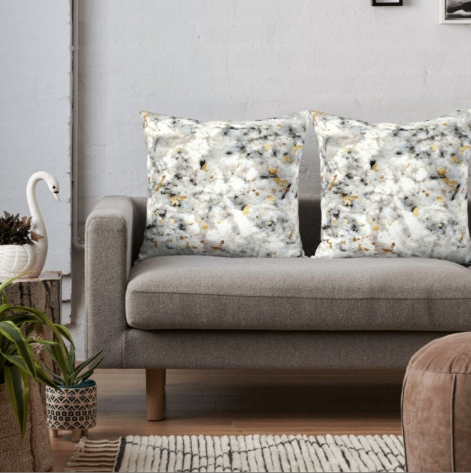 Throw Pillow Classic Marble With Gold Specks Black White Gold Indoor or