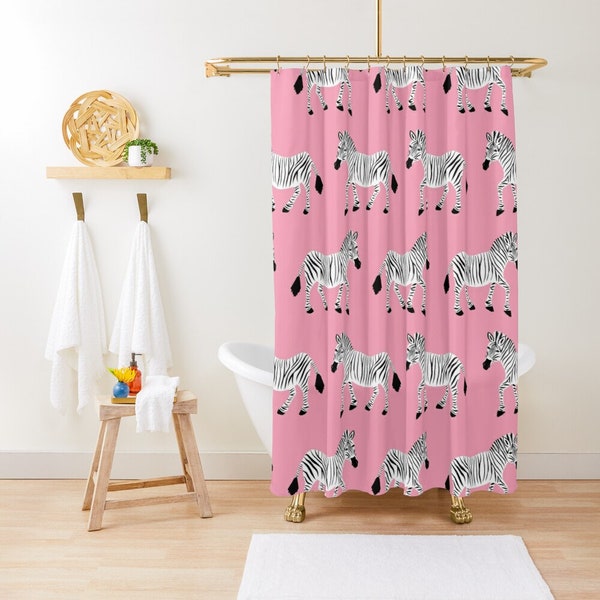 Shower Curtain or Bath Mat - Zebra Parade Print - Black and White on Bright Candy Pink - 71"x74" - Bath Curtain Bathroom Decor - Set Bundle