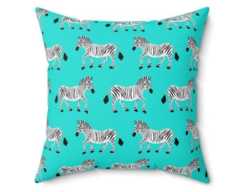 Square Throw Pillow, Zebra Parade, Black and White on Aqua Blue, Safari Kids Room, Nursery Decor, Animal Print Cushion, Bold Modern