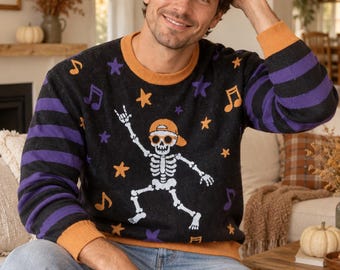 Halloween Jacquard Knit Adult Sweater, Rocker Skeleton, Matching Family, Womens Mens Relaxed Fit Crewneck, Music Lovers, Ugly Sweater Party