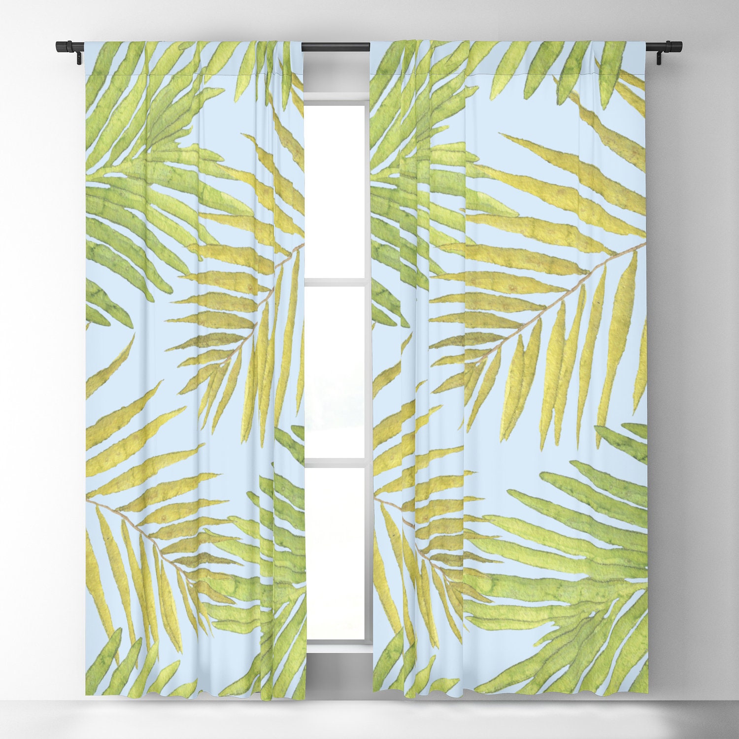 Window Curtains Palms Against The Sky Blue Green 50 X