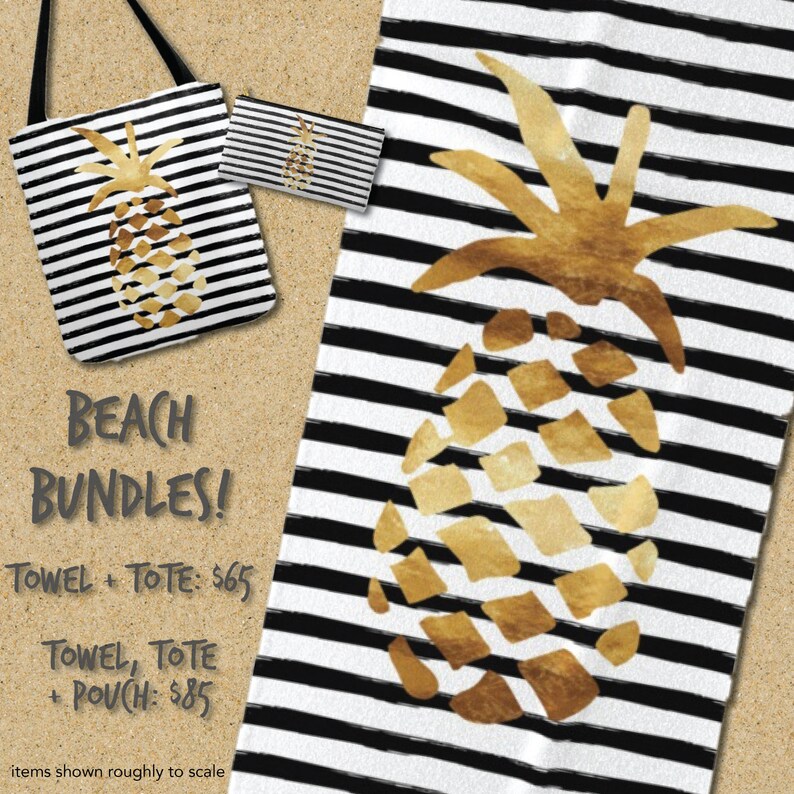 Oversized Beach Towel Pineapple and Stripes Gold Black and White Bundle with a Tote image 4