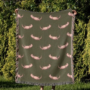 Cotton Woven Blanket, Sea Otter Parade, Blush Pink on Army Green, Sea Animals, Kids Room, Baby Blanket, Nursery Decor, Coastal Throw
