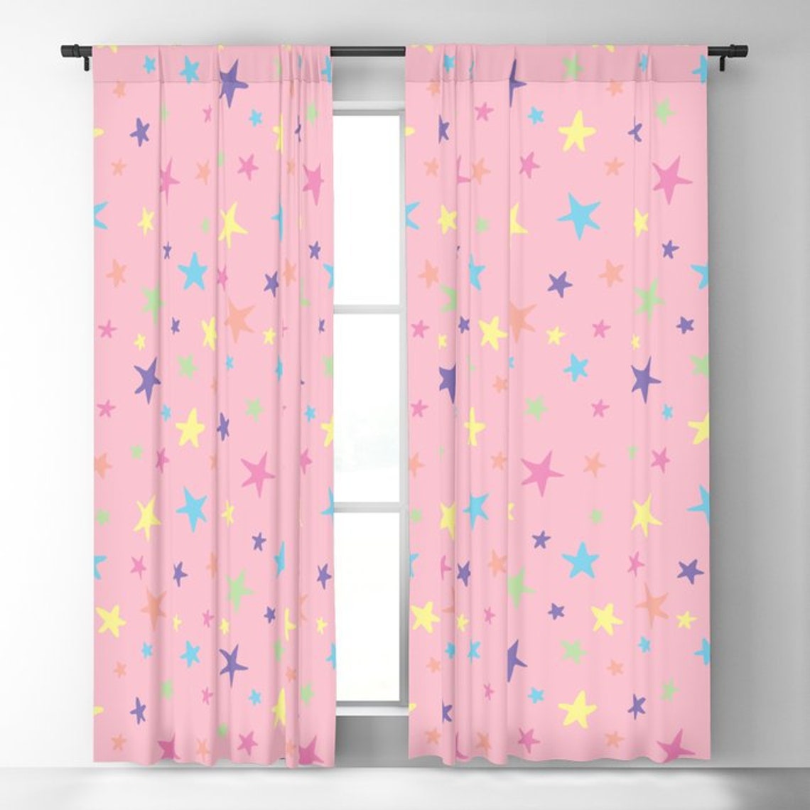 Window Curtains Rainbow Stars Print Pink 50 X Etsy