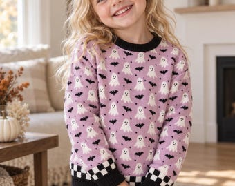 Halloween Jacquard Knit Kids Sweater, Happy Ghosts and Bats, Matching Family, Sibling Match, Relaxed Fit Crewneck, Boys Girls, Pastel