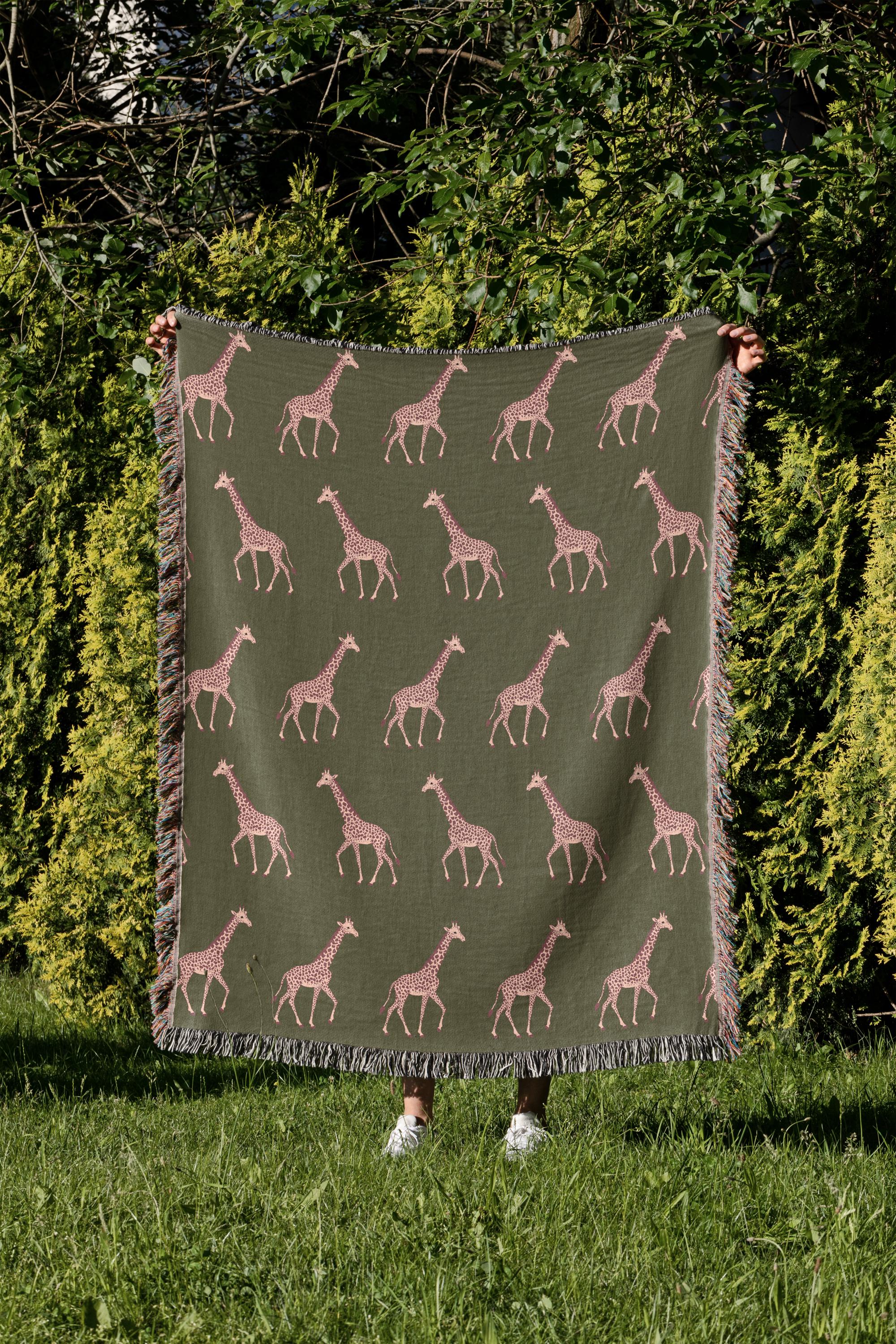 Cotton Woven Blanket, Giraffe Parade, Blush Pink on Army Green, Safari Animals, Kids Room, Baby Nursery Decor, Animal Print, Fringe Throw