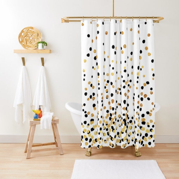 Shower Curtain or Bath Mat - Floating Dots - Gold Black and White - 71"x74" - Bath Curtain Bathroom Decor - Set Bundle