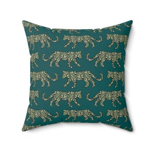 Square Throw Pillow, Leopard Parade, Olive on Teal, Safari Jungle Decor, Animal Print, Modern Bold, Boho Accent Cushion, Cheetah Print