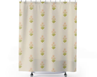 May include: A shower curtain with a beige background and a repeating pattern of stylized orange flowers with green stems.