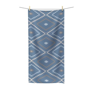 Bath or Beach Towel, Southwestern Geometric, Denim Blue Beige, Desert Boho Bathroom Decor, Rustic Cowboy Beach Towel, Modern Boho