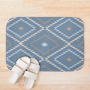 Plush Bath Mat, Southwestern Geometric, Denim Blue Beige, Desert Cowboy Rug, Western Bathroom Decor, Modern Boho Bathroom Rug