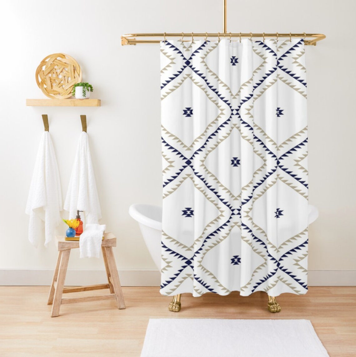 Shower Curtain or Bath Mat Southwestern Geometric Tan Navy Etsy Denmark