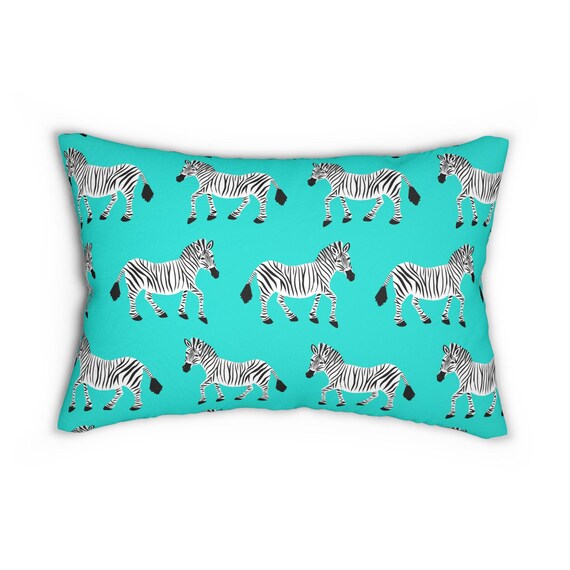 Lumbar Pillow, Zebra Parade, Black and White on Aqua Blue, Safari