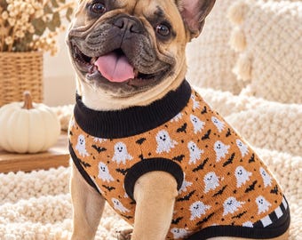 Halloween Jacquard Knit Pet Sweater, Happy Ghosts and Bats, Matching Family, Cute Small Dog Cat Costume, Kids Siblings Match, Pastel, Orange