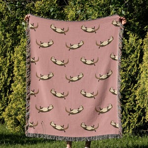 Cotton Woven Blanket, Sea Otter Parade, Classic on Blush Pink, Sea Animals, Kids Room, Baby Blanket, Nursery Decor, Coastal Throw