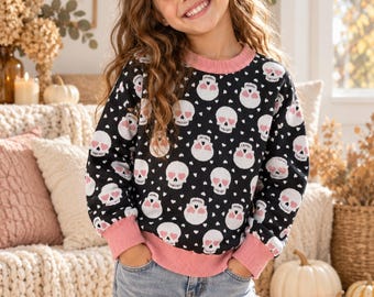 Halloween Jacquard Knit Kids Sweater, Heart Eyes Skulls, Coral Pink or Royal Blue, Matching Family, Sibling Match, Relaxed Fit Crewneck