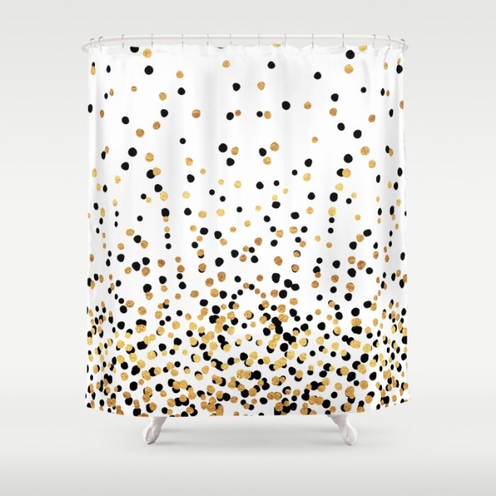 Shower Curtain Floating Dots Gold Black And White 71x74