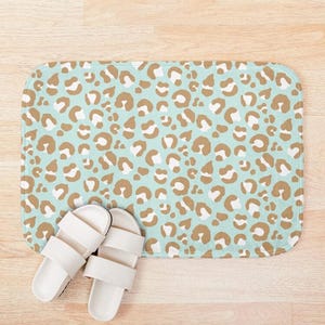 Plush Bath Mat, Leopard Print, Mint Camel Cream, Jungle Cats, Safari Decor, Bathroom Rug, Animal Print Home Decor, Kids Room, Cheetah Print