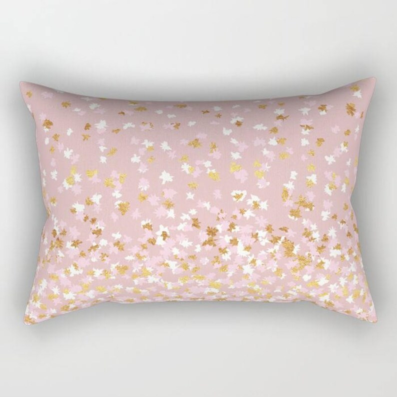Lumbar Throw Pillow Floating Confetti Dots Pink Blush White Gold