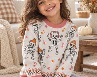 Halloween Jacquard Knit Kids Sweater, Rocker Skeletons, Matching Family, Sibling Match, Relaxed Fit Crewneck, Boys Girls, Music Lovers Gift