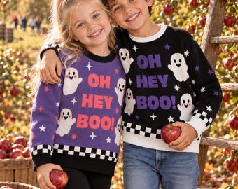 Halloween Jacquard Knit Kids Sweater, Oh Hey Boo, Cute Waving Ghosts, Matching Family, Sibling Match, Relaxed Fit Crewneck, Boys, Girls