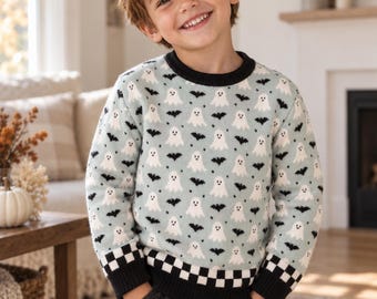 Halloween Jacquard Knit Kids Sweater, Happy Ghosts and Bats, Matching Family, Sibling Match, Relaxed Fit Crewneck, Boys, Girls, Pink, Blue