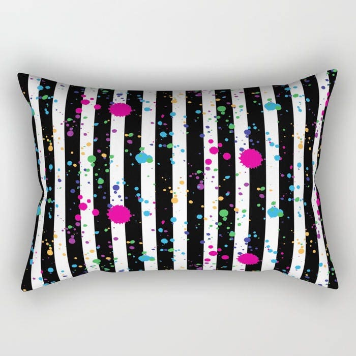 Lumbar Throw Pillow Stripes and Paint Splatter Black White Etsy