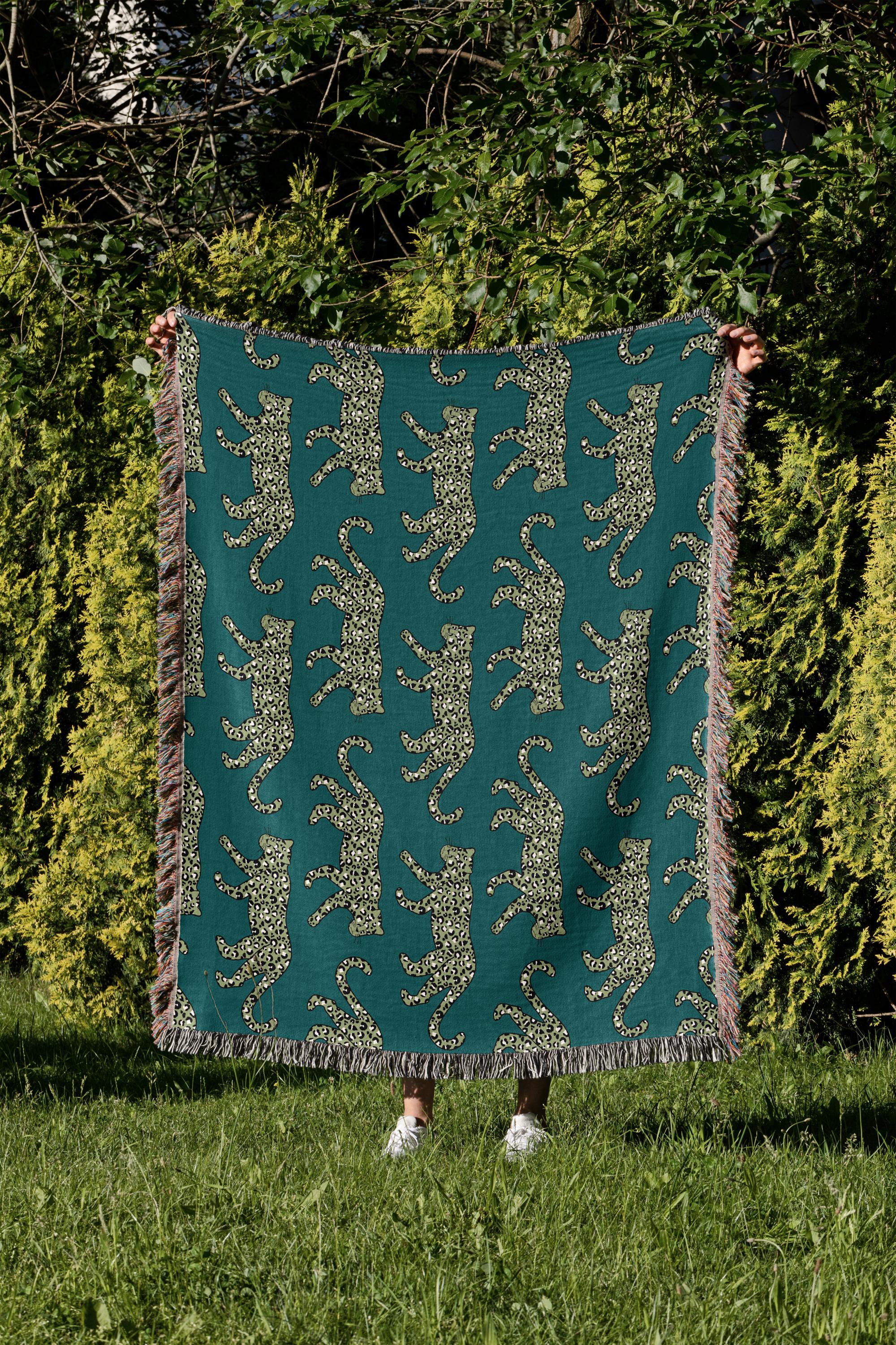 Cotton Woven Blanket, Leopard Parade, Olive on Teal, Jungle Cat Decor, Cheetah Throw, Safari Theme, Animal Print, Gift for Her, Fringe Throw