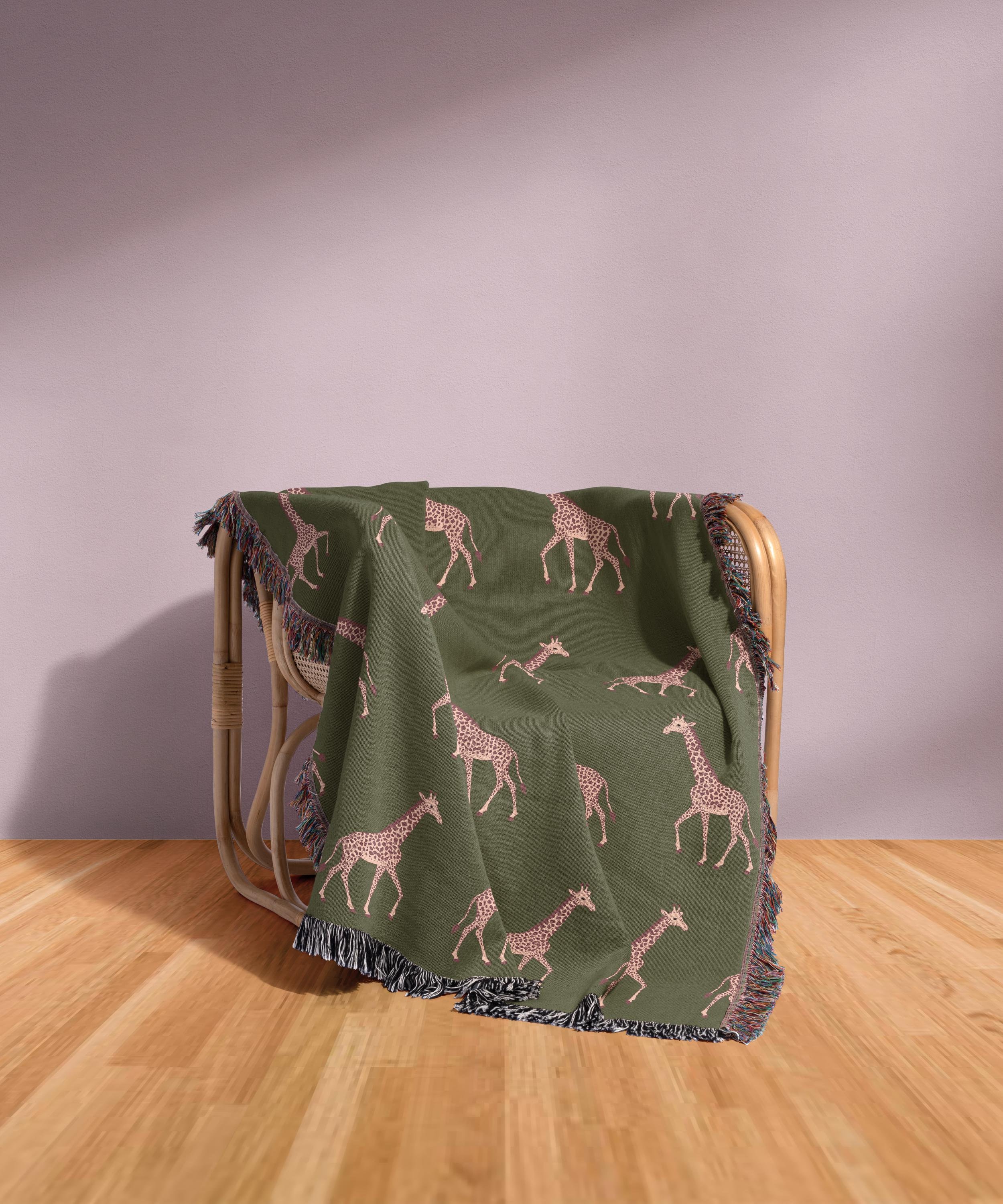 Cotton Woven Blanket, Giraffe Parade, Blush Pink on Army Green, Safari Animals, Kids Room, Baby Nursery Decor, Animal Print, Fringe Throw