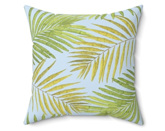 Square Throw Pillow, Watercolor Palm Leaves, Blue Green, Tropical Island Decor, Beach Coastal, Palm Trees, Vacation Home Gift