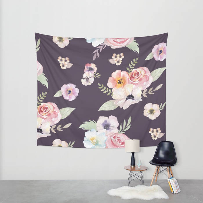 Wall Tapestry Watercolor Floral I Eggplant Purple Pink