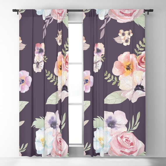 Window Curtains Watercolor Floral I Eggplant Pink Etsy