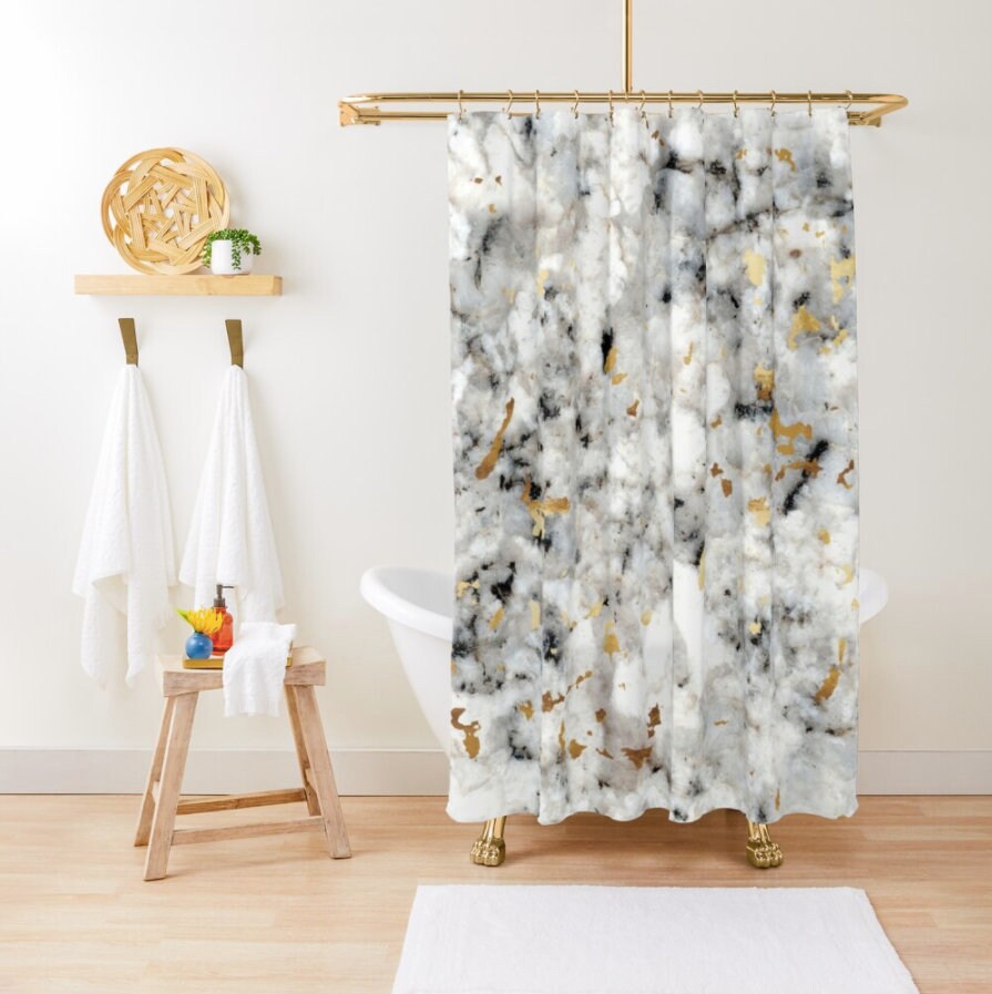 Shower Curtain Or Bath Mat Classic, Black White Gold Shower Curtain
