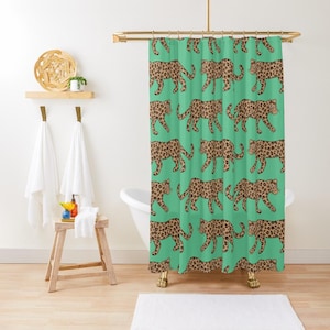 Shower Curtain, Leopard Parade, Classic on Bright Green, Animal Print Bath Curtain, Safari Wildlife Home, Jungle Cats Bathroom Decor, Bold