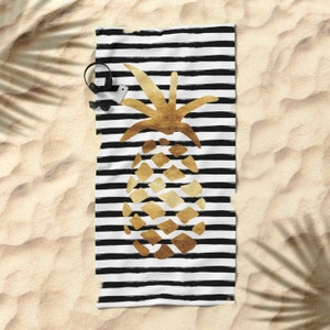 Oversized Beach Towel Pineapple and Stripes Gold Black and White Bundle with a Tote image 1