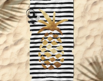 Oversized Beach Towel - Pineapple and Stripes - Gold Black and White - Bundle with a Tote!