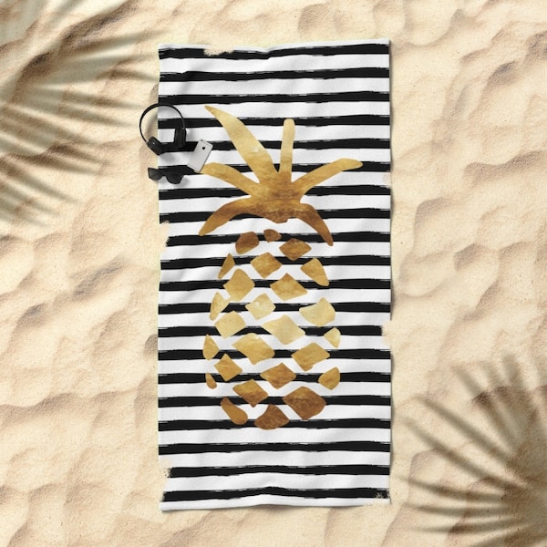 Oversized Beach Towel - Pineapple and Stripes - Gold Black and White - Bundle with a Tote!