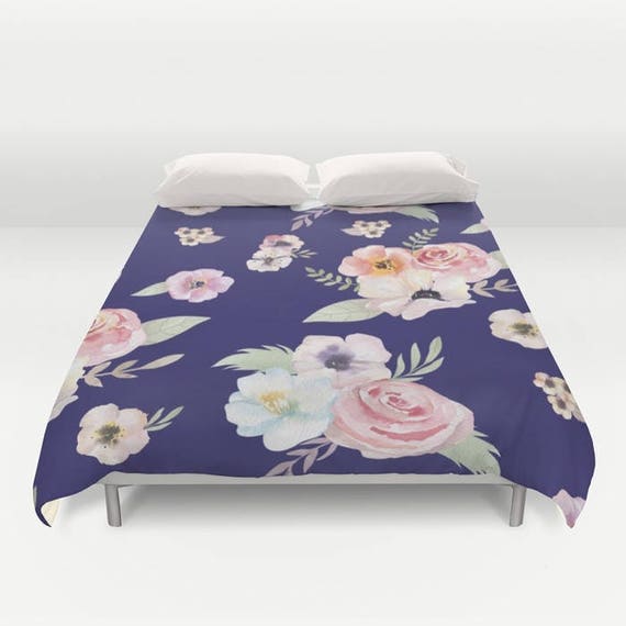 Duvet Cover Or Comforter Watercolor Floral I Navy Blue Etsy