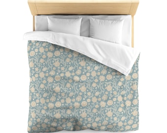 Copripiumino in microfibra, motivo floreale boho, beige su blu, fiori cottagecore, arredamento per camera da letto per bambini, set di biancheria da letto femminile, copriletto boho