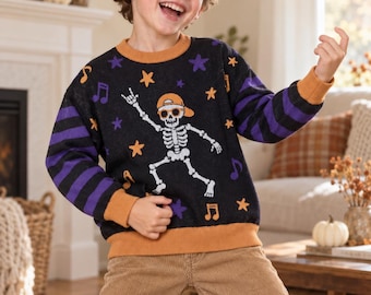 Halloween Jacquard Knit Kids Sweater, Rocker Skeleton, Matching Family, Sibling Match, Relaxed Fit Crewneck, Boys Girls, Music Lovers Gift