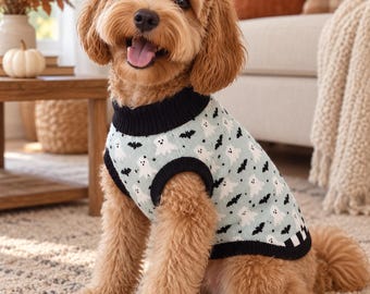 Halloween Jacquard Knit Pet Sweater, Happy Ghosts and Bats, Matching Family, Cute Small Dog Cat Costume, Kids Siblings Match, Pastel, Orange