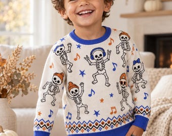 Halloween Jacquard Knit Kids Sweater, Rocker Skeletons, Matching Family, Sibling Match, Relaxed Fit Crewneck, Boys Girls, Music Lovers Gift