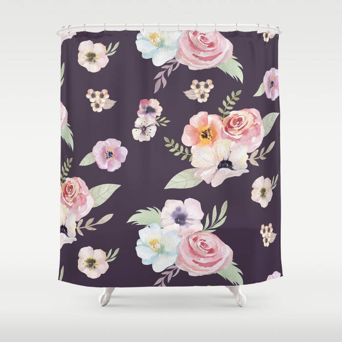 Shower Curtain Watercolor Floral I Eggplant Purple Pink 71x74