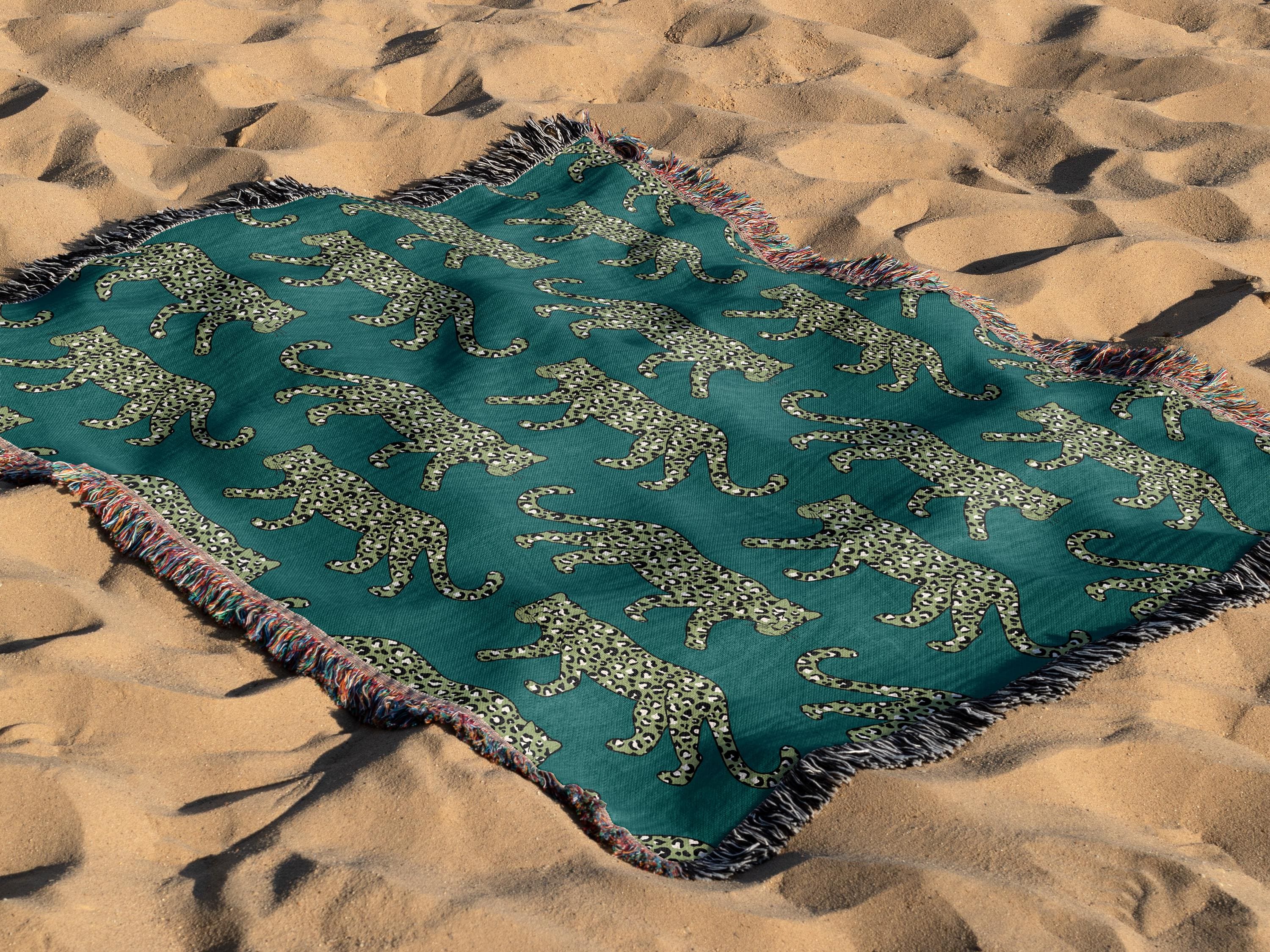 Cotton Woven Blanket, Leopard Parade, Olive on Teal, Jungle Cat Decor, Cheetah Throw, Safari Theme, Animal Print, Gift for Her, Fringe Throw