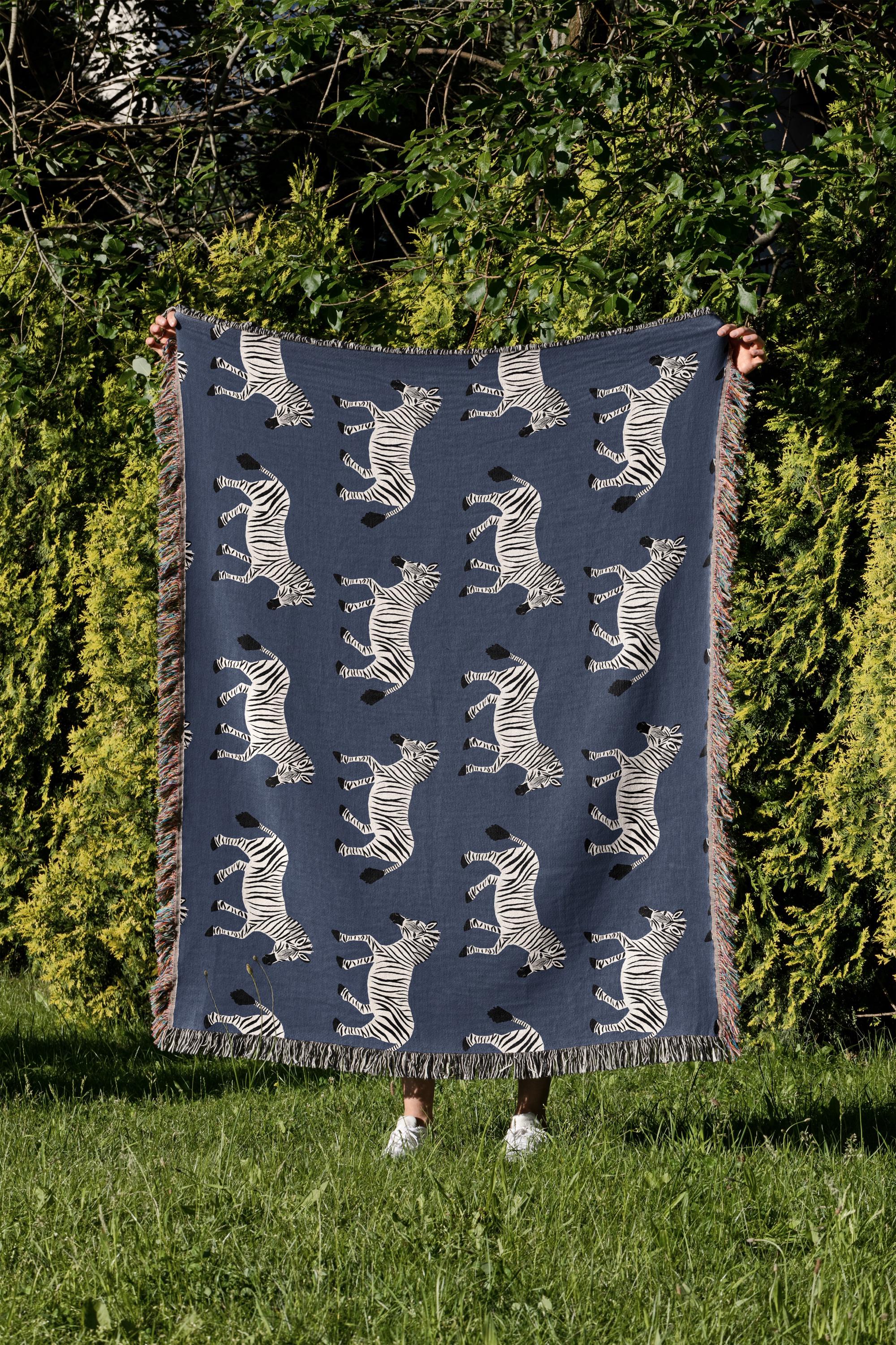 Cotton Woven Blanket, Zebra Parade, Black and White on Navy Blue, Safari Animals, Kids Room, Baby Nursery Decor, Animal Print, Fringe Throw