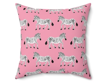 Square Throw Pillow, Zebra Parade, Black and White on Candy Pink, Safari Kids Room, Nursery Decor, Animal Print Cushion, Bold Modern