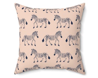 Square Throw Pillow, Zebra Parade, Navy Blue on Blush Pink, Safari Kids Room, Nursery Decor, Animal Print Cushion, Bold Modern